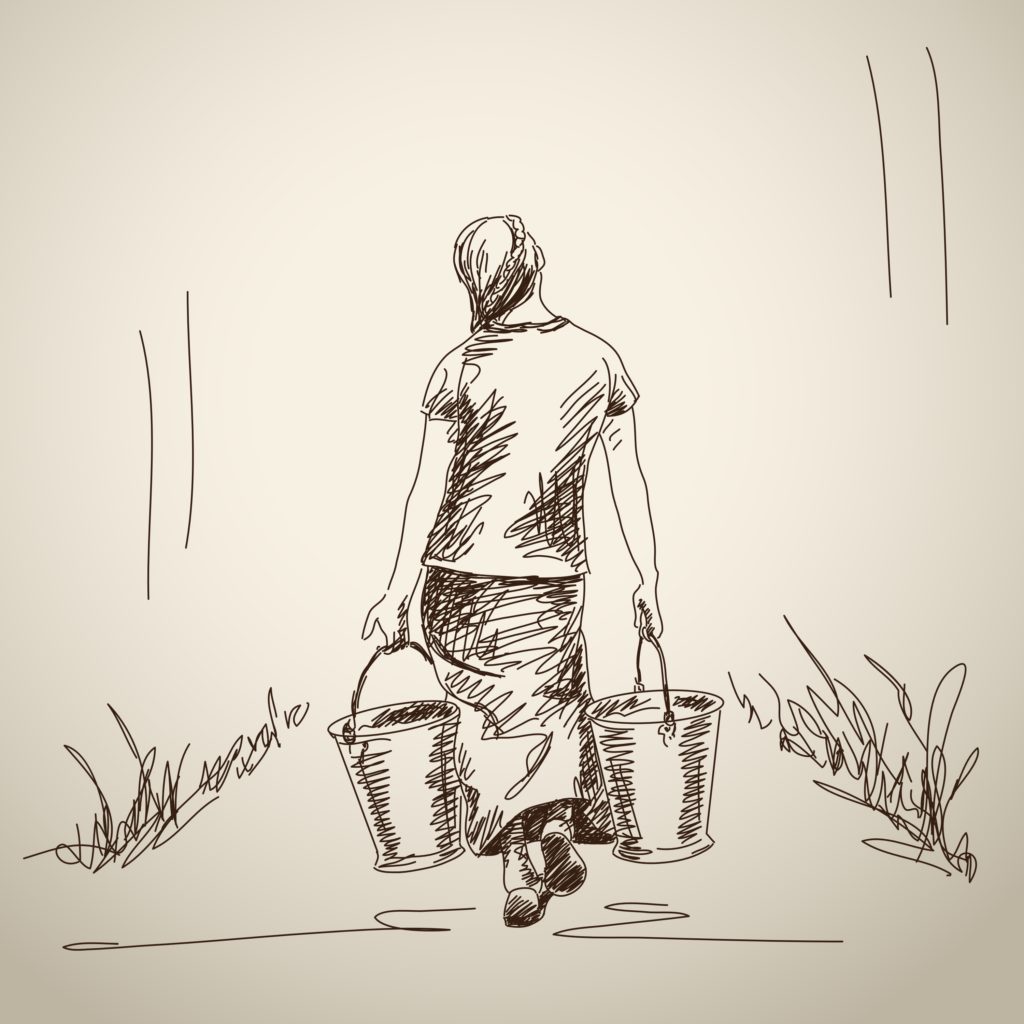 Illustration of person chopping wood and carrying water, symbolizing simple daily tasks